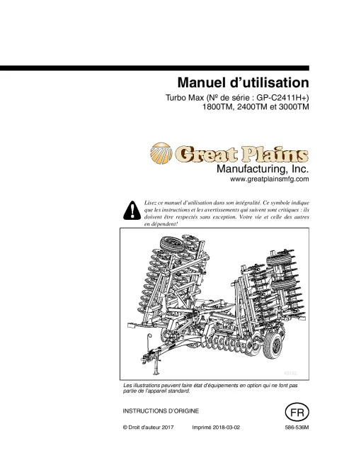 Great Plains 1800 2400 3000 -TM Turbo Max SN C2411HFrench Operation Maintenance Manual PDF download