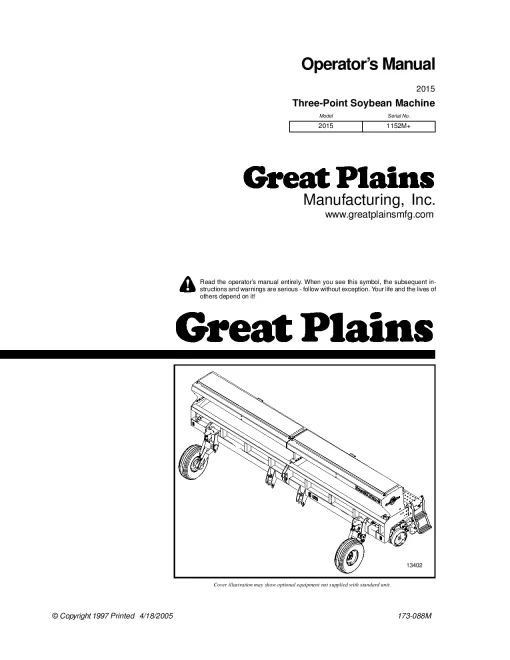 Great Plains 2015 Sn 1152M 20 foot 3 Point Soybean Machine Operation Maintenance Manual PDF download