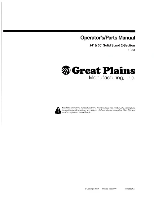 Great Plains 24 30-Foot 2Section Solid Stand Drill 1983 Operation Maintenance and Parts Manual PDF download
