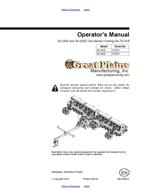 Great Plains 2N-2420 2N-3020 2 Section No-Till Drills 1995 Operation Maintenance Manual PDF download