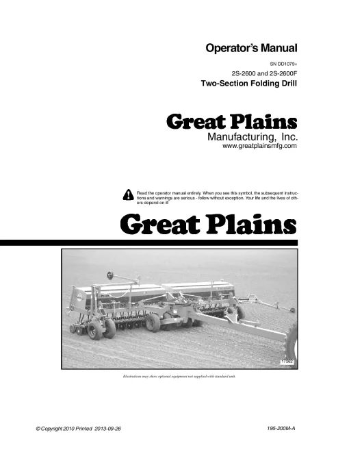 Great Plains 2S-2600 2S-2600F Sn DD1079 2 Section Folding Drills 2013- Operation Maintenance Manual PDF download
