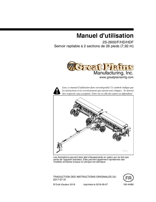Great Plains 2S-2600- F HD HDF 2 Section 26Foot Folding Drills French Operation Maintenance Manual PDF download