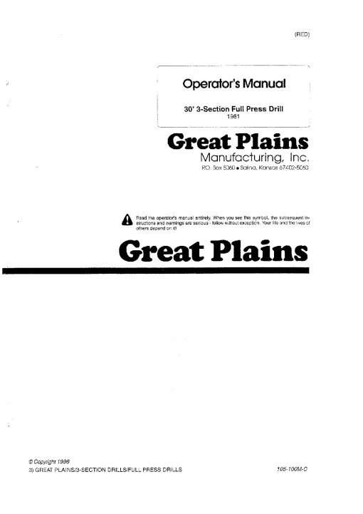 Great Plains 30-Foot 3-Section Full Press Drill 1981 Operation Maintenance Manual PDF download