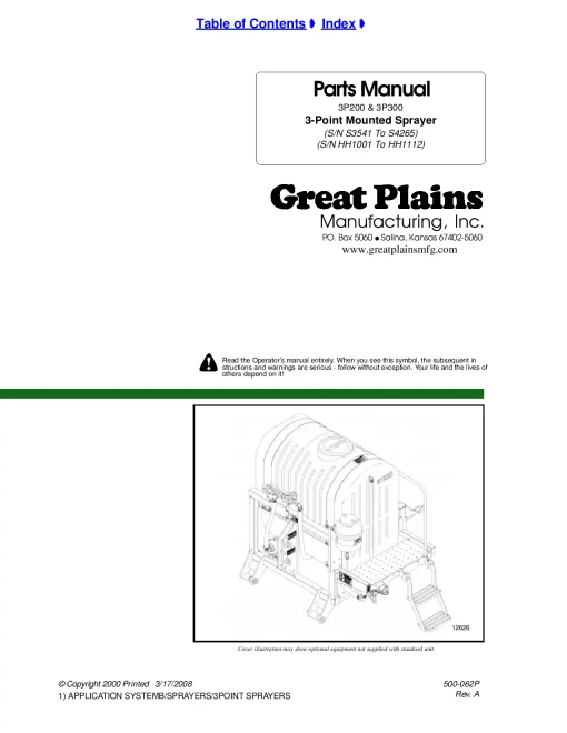 Great Plains 3P200 3P300 200 300 Gallon 3-Point Mounted Sprayer 1994 to 2005 Parts Manual Catalog Pdf Download