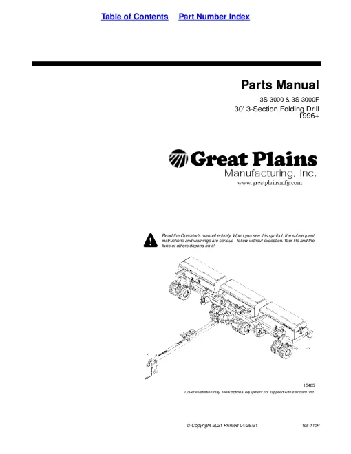 Great Plains 3S-3000 3S-3000F Sn S1399 30 Foot 3 Section Folding Drills 1996+Parts Manual Catalog Pdf Download