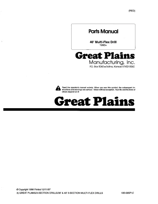 Great Plains 40-Foot Multi-Flex Drill 1993+Parts Manual Catalog Pdf Download