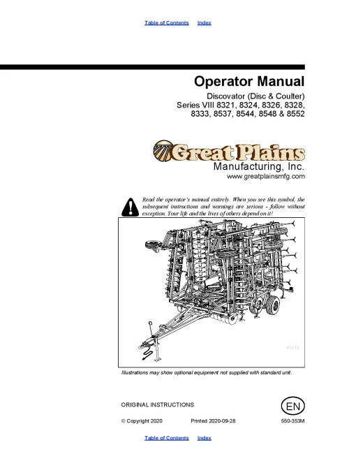 Great Plains 8321 8324 8326 8328 Discovator -Disc Coulter Series VIII Tillage Operation Maintenance Manual PDF download