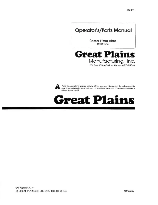 Great Plains Center Pivot Hitch 1989-1990 Operation Maintenance and Parts Manual PDF download
