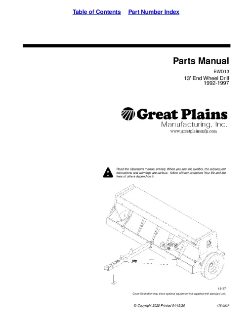 Great Plains EWD13 13foot Wheel Drill 1992-1997 Parts Manual Catalog Pdf Download