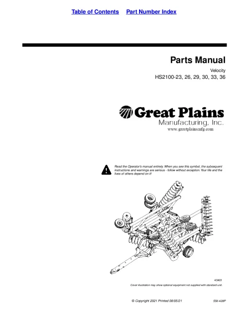 Great Plains HS2100- 23 26 29 30 33 36 Velocity 2019 Parts Manual Catalog Pdf Download