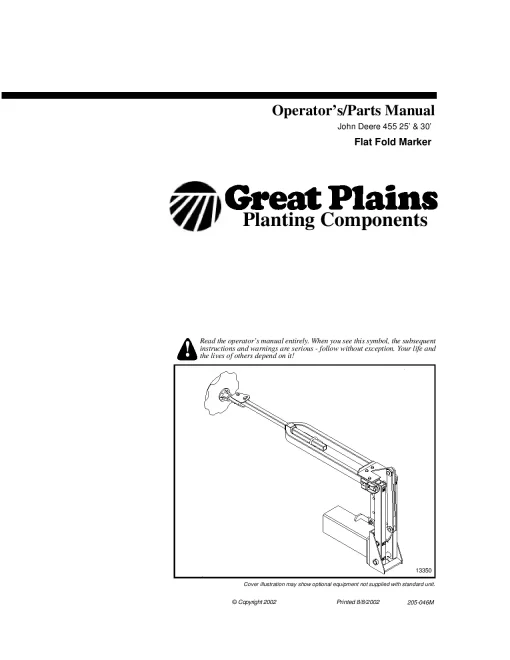 Great Plains John Deere 455 25 30 Flat Fold Markers Planting Component Operation Maintenance and Parts Manual PDF download