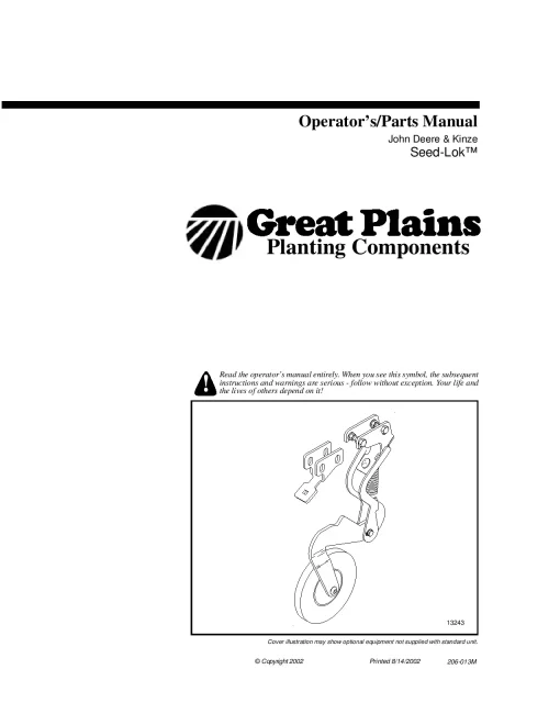 Great Plains John Deere Kinze Planter Seed-Lok Planting Component Operation Maintenance and Parts Manual PDF download