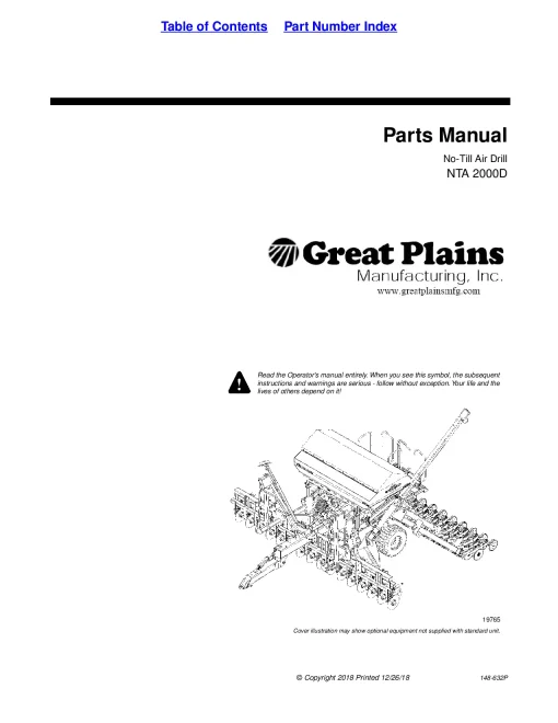 Great Plains NTA2000D 6 Meter No-Till Air Drill Parts Manual Catalog Pdf Download