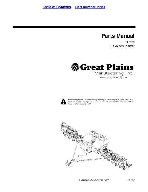 Great Plains PL5700 3-Section Air-Pro Planter Parts Manual Catalog Pdf Download