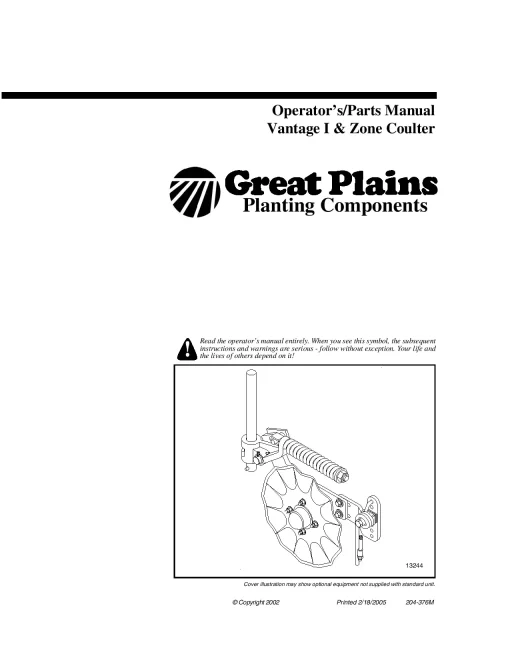 Great Plains Vantage I Zone Coulter Fertilizer Coulters Planting Component Operation Maintenance and Parts Manual PDF download