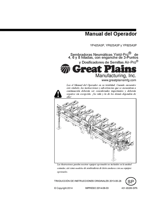 Great Plains YP- 425 625 825 1025- A3P Air Planters Spanish Operation Maintenance Manual PDF download