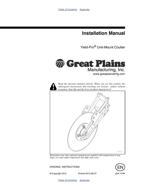 Great Plains YP Unit-Mount Coulter Planting Component Operation Maintenance and Parts Manual PDF download