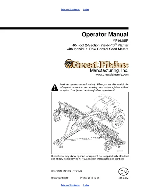 Great Plains YP1625 IR Air Pro Planters with Individual Row Control Seed Meters Operation Maintenance Manual PDF download