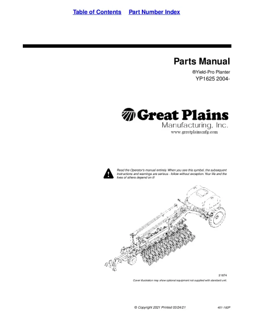 Great Plains YP1625 Pull-Type Yield-Pro Planter 2004- Parts Manual Catalog Pdf Download