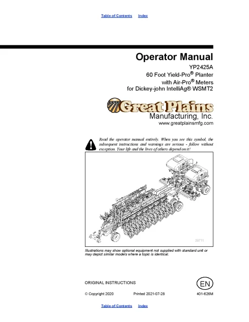 Great Plains YP2425A Air Pro Planter Operation Maintenance Manual PDF download