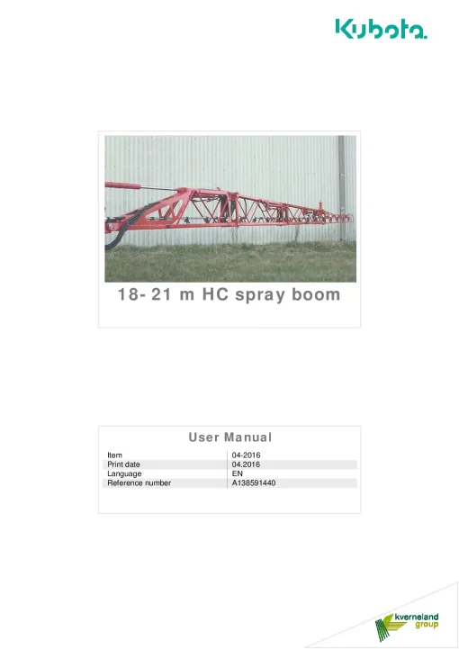 Kubota 18-21 HC Spray boom 2016 Operation Maintenance Manual PDF download