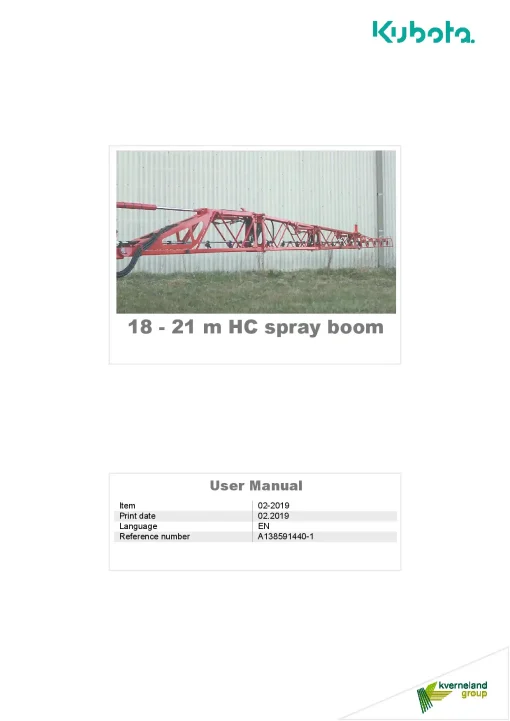Kubota 18-21 m HS Spray boom 2019 Operation Maintenance Manual PDF download