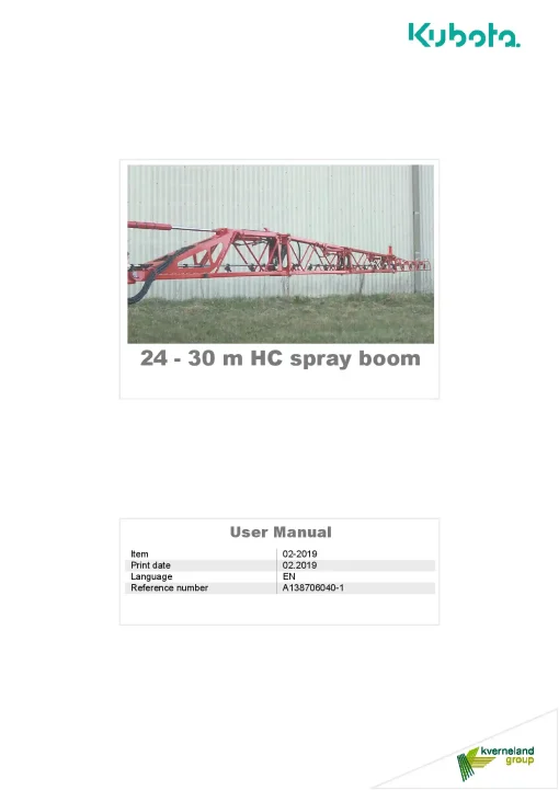 Kubota 24-30 m HC spray boom 2019 Operation Maintenance Manual PDF download