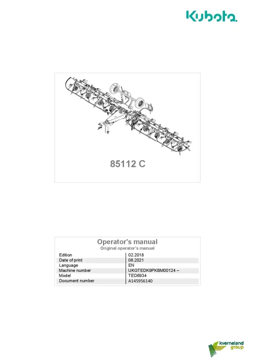 Kubota 85112C Tedders 2021 Operation Maintenance Manual PDF download
