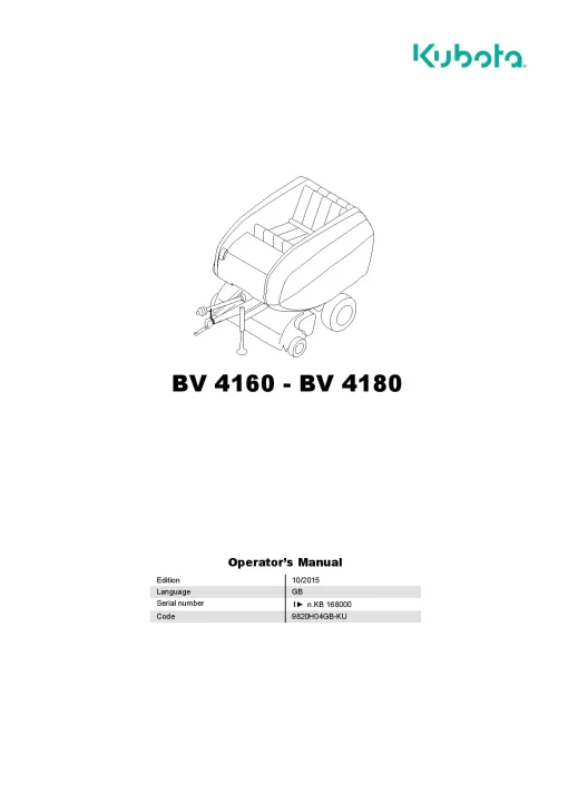 Kubota BV4160 BV4180 Round Baler 2016 GB Operation Maintenance Manual PDF download