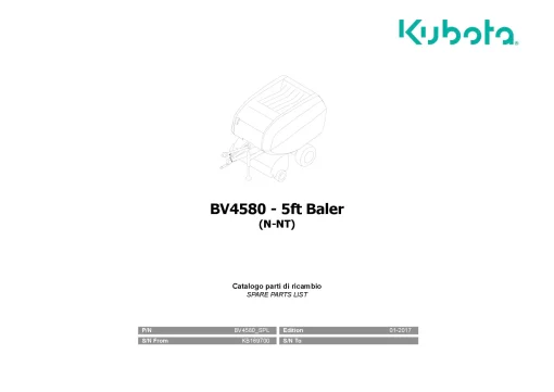 Kubota BV4580 5ft Baler N-NT Round 2017 Parts Manual Catalog Pdf Download