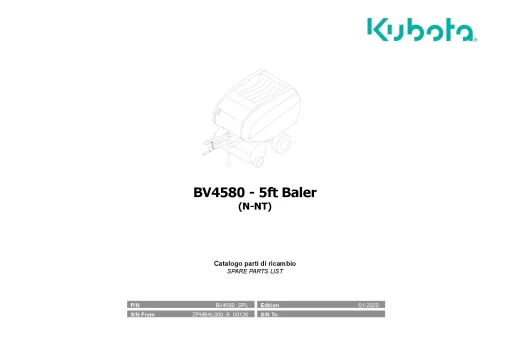 Kubota BV4580 5ft Baler N-NT Round 2020 Parts Manual Catalog Pdf Download