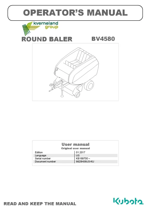 Kubota BV4580 Round Baler 2017 Operation Maintenance Manual PDF download