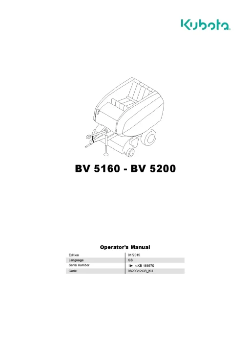 Kubota BV5160 BV5200 Round Baler 2015 GB Operation Maintenance Manual PDF download