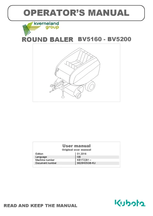 Kubota BV5160 BV5200 Round Baler 2018 GB Operation Maintenance Manual PDF download