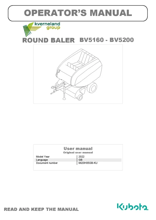 Kubota BV5160 BV5200 Round Baler 2022 GB Operation Maintenance Manual PDF download
