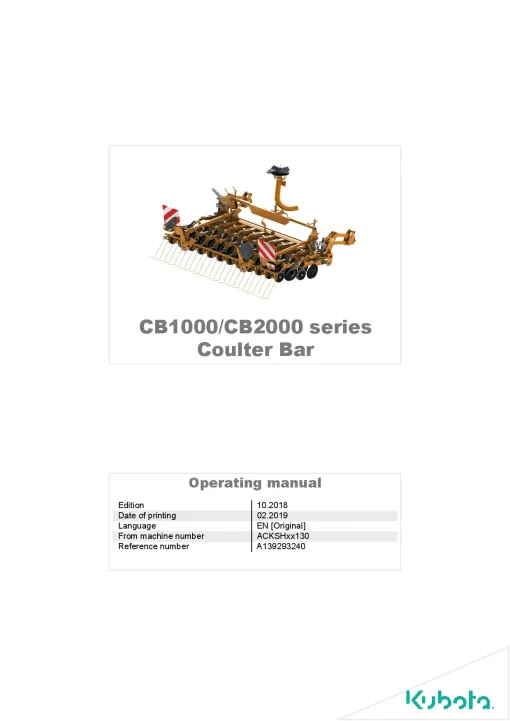 Kubota CB1000 CB2000 Coulter Bar Seed drills Cultivator mounted 2018 Operation Maintenance Manual PDF download