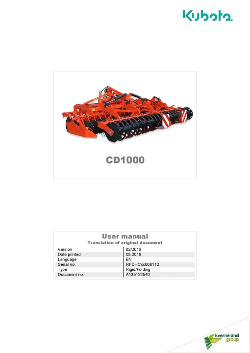 Kubota CD1000 Disc Harrow Compact 2016 Operation Maintenance Manual PDF download