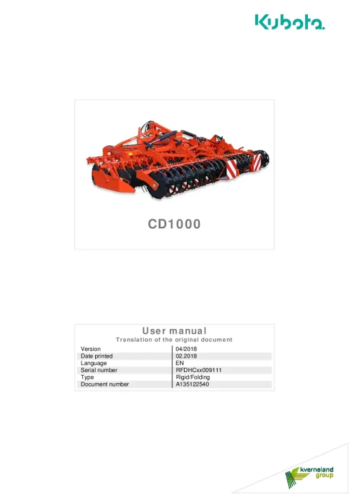 Kubota CD1000 Disc Harrow Compact 2018 Operation Maintenance Manual PDF download