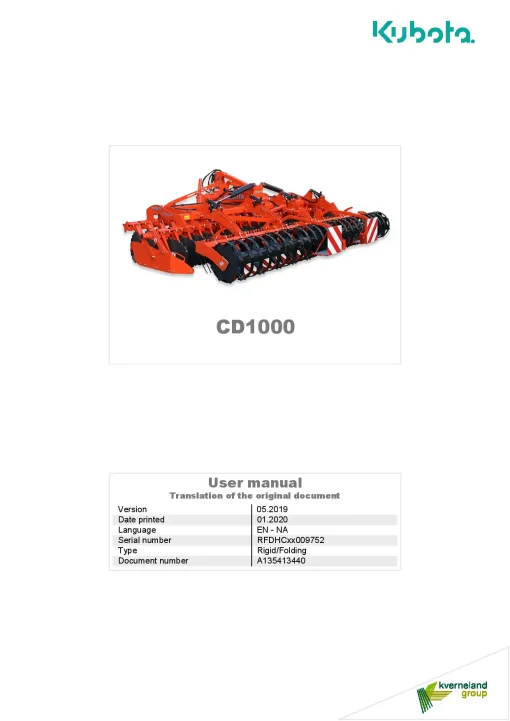 Kubota CD1000T Disc Harrow Compact 2020 EN NA Operation Maintenance Manual PDF download