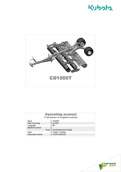 Kubota CD1000T Disc Harrow Compact 2021 Operation Maintenance Manual PDF download