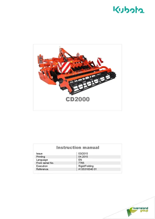 Kubota CD2000 Disc Harrow Compact 2015 Operation Maintenance Manual PDF download
