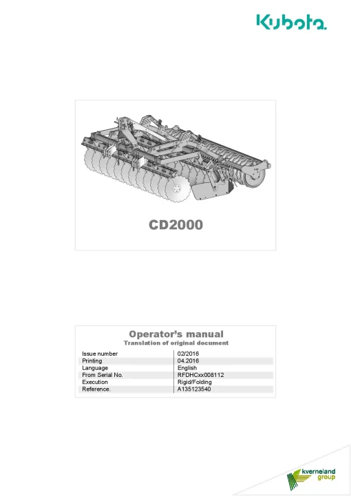 Kubota CD2000 Disc Harrow Compact 2016 NA Operation Maintenance Manual PDF download