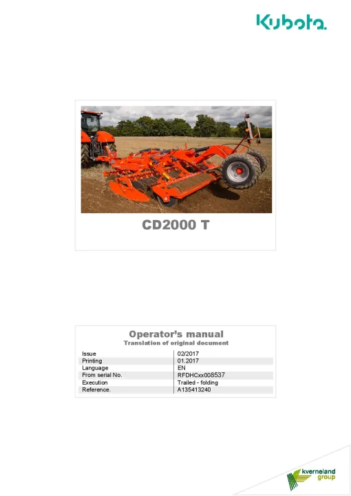 Kubota CD2000T Disc Harrow Compact 2017 A135513240. Operation Maintenance Manual PDF download
