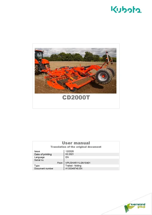 Kubota CD2000T Disc Harrow Compact 2020 A135349740 Operation Maintenance Manual PDF download