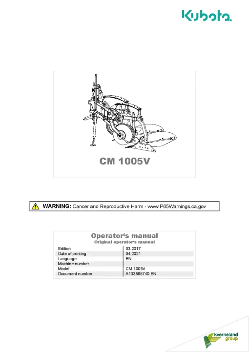 Kubota CM1005V Ploughs Conventional Mounted 2017 North America Operation Maintenance Manual PDF download