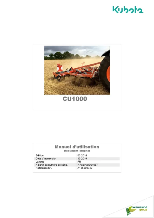 Kubota CU1000 Cultivators shallow 2018 FR Operation Maintenance Manual PDF download