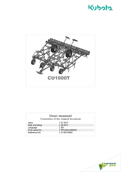Kubota CU1000T Cultivators shallow 2017 A135510640 Operation Maintenance Manual PDF download