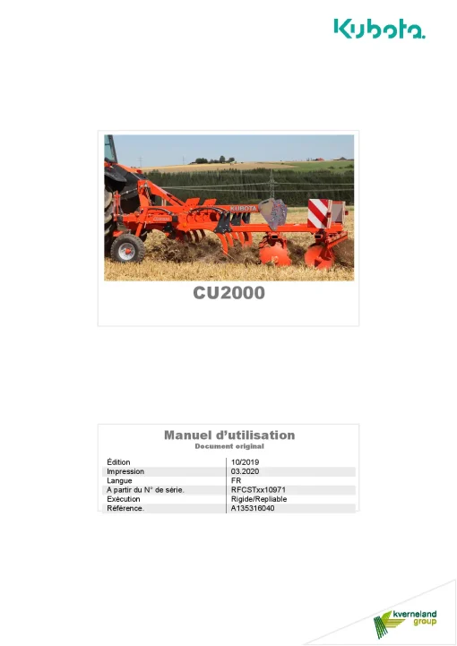 Kubota CU2000 Cultivators shallow 2019 FR Operation Maintenance Manual PDF download