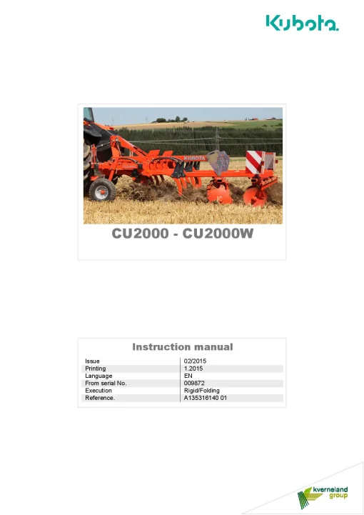 Kubota CU2000 W Cultivators shallow 2015 Operation Maintenance Manual PDF download
