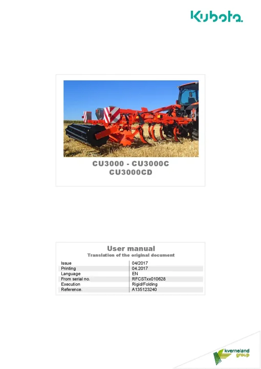 Kubota CU3000-C CD Cultivators shallow 2017 Operation Maintenance Manual PDF download